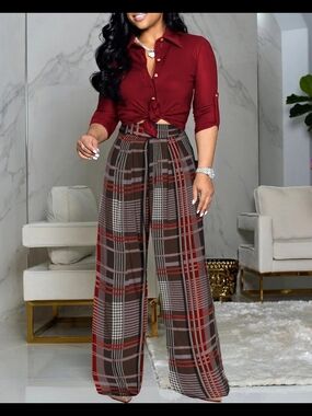 2-piece Wide-Leg Plaid Pants Set Red And Brown